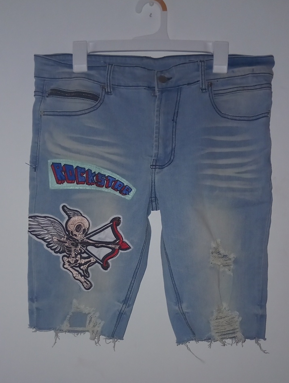Rockstar Light Blue Distressed Men's Denim Shorts with Patch Detail Size 34